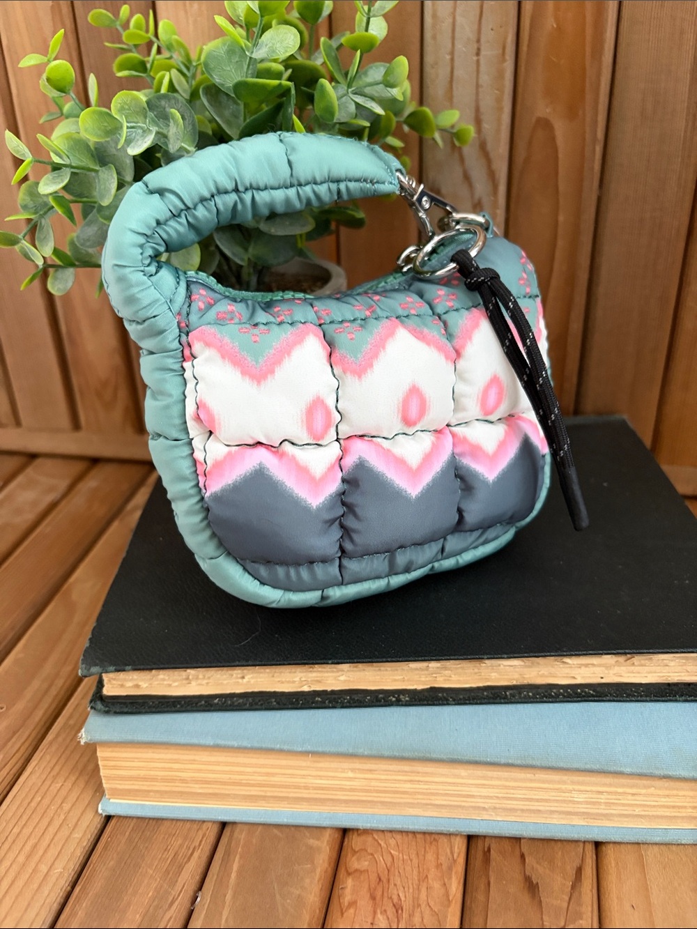FP Movement Quilted Puff Mini Bag, Wrist Pouch, Sage Green Pink Chevron